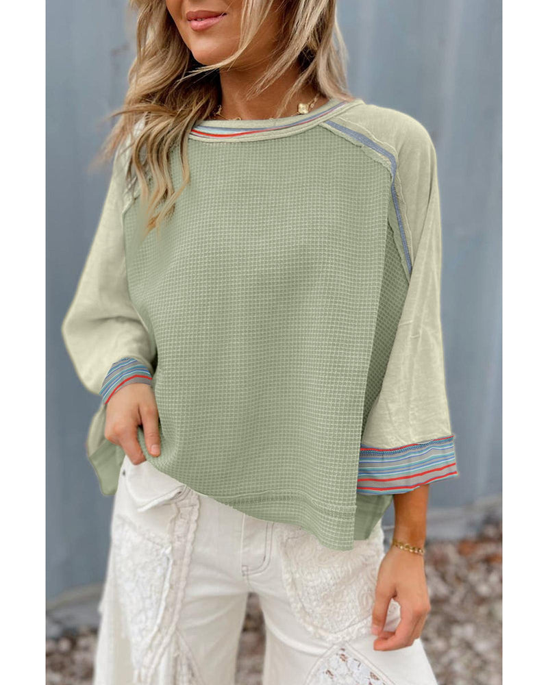 Meadow Mist Green Waffle Knit Wide Bracelet Sleeve Patchwork Raglan Top - L