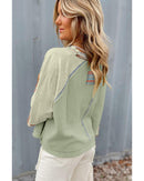 Meadow Mist Green Waffle Knit Wide Bracelet Sleeve Patchwork Raglan Top - L