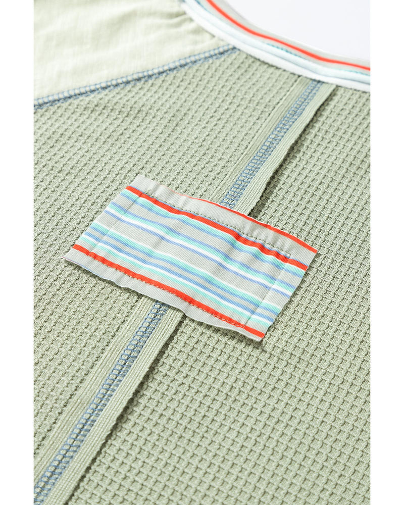 Meadow Mist Green Waffle Knit Wide Bracelet Sleeve Patchwork Raglan Top - XL