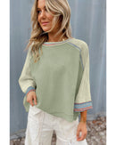 Meadow Mist Green Waffle Knit Wide Bracelet Sleeve Patchwork Raglan Top - XL