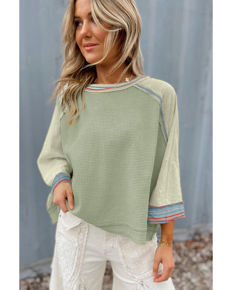 Meadow Mist Green Waffle Knit Wide Bracelet Sleeve Patchwork Raglan Top - XL