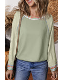 Meadow Mist Green Waffle Knit Wide Bracelet Sleeve Patchwork Raglan Top - XL