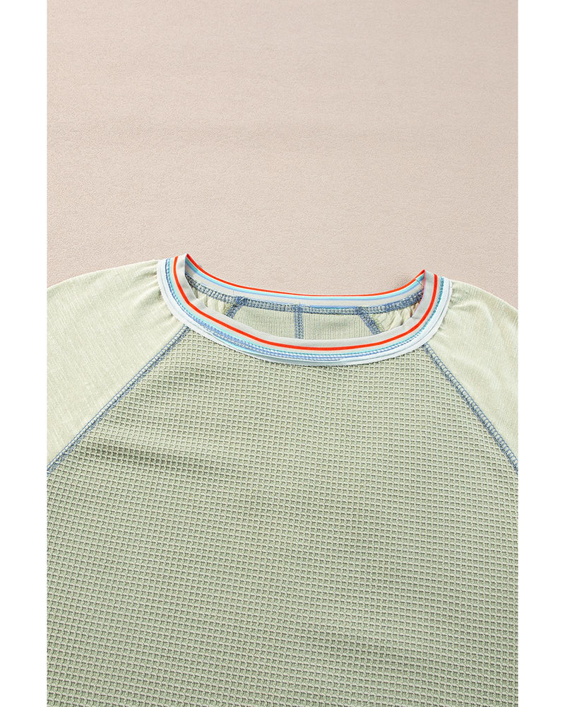 Meadow Mist Green Waffle Knit Wide Bracelet Sleeve Patchwork Raglan Top - XL