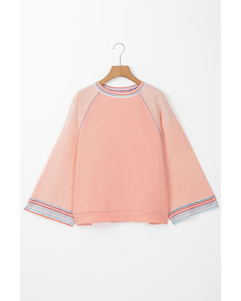 Grapefruit Orange Waffle Knit Wide Bracelet Sleeve Patchwork Raglan Top - L