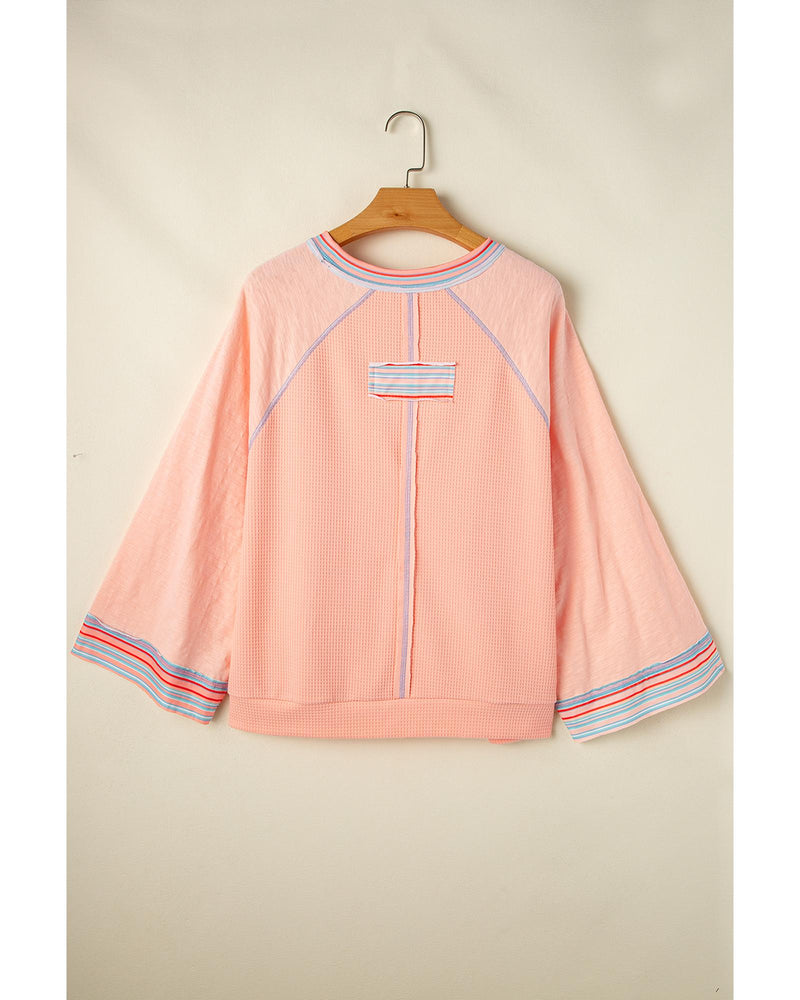 Grapefruit Orange Waffle Knit Wide Bracelet Sleeve Patchwork Raglan Top - M