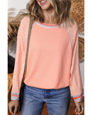 Grapefruit Orange Waffle Knit Wide Bracelet Sleeve Patchwork Raglan Top - M