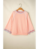 Grapefruit Orange Waffle Knit Wide Bracelet Sleeve Patchwork Raglan Top - M