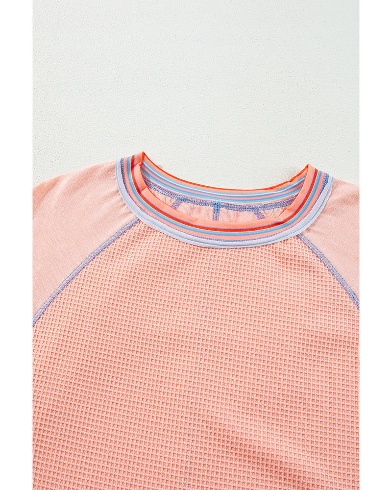 Grapefruit Orange Waffle Knit Wide Bracelet Sleeve Patchwork Raglan Top - S