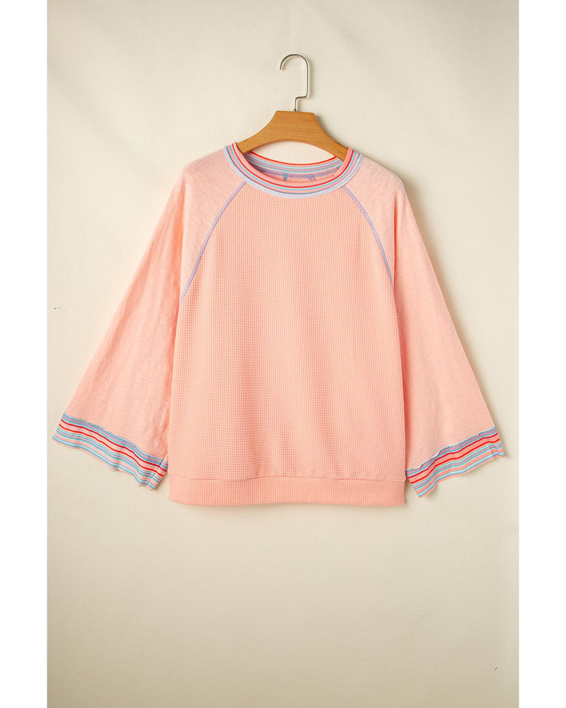 Grapefruit Orange Waffle Knit Wide Bracelet Sleeve Patchwork Raglan Top - S