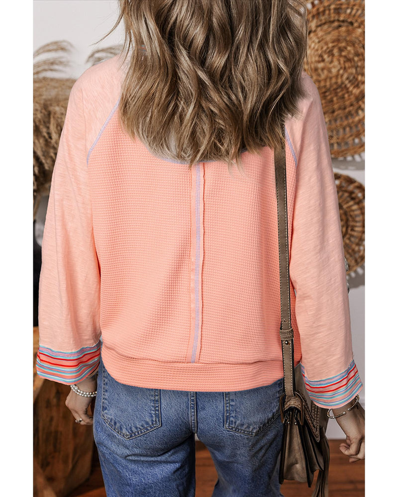 Grapefruit Orange Waffle Knit Wide Bracelet Sleeve Patchwork Raglan Top - XL