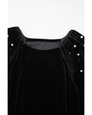 Black Pearl Beaded Half Sleeve Velvet Top - L