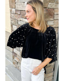 Black Pearl Beaded Half Sleeve Velvet Top - L