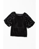 Black Pearl Beaded Half Sleeve Velvet Top - M
