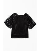 Black Pearl Beaded Half Sleeve Velvet Top - M