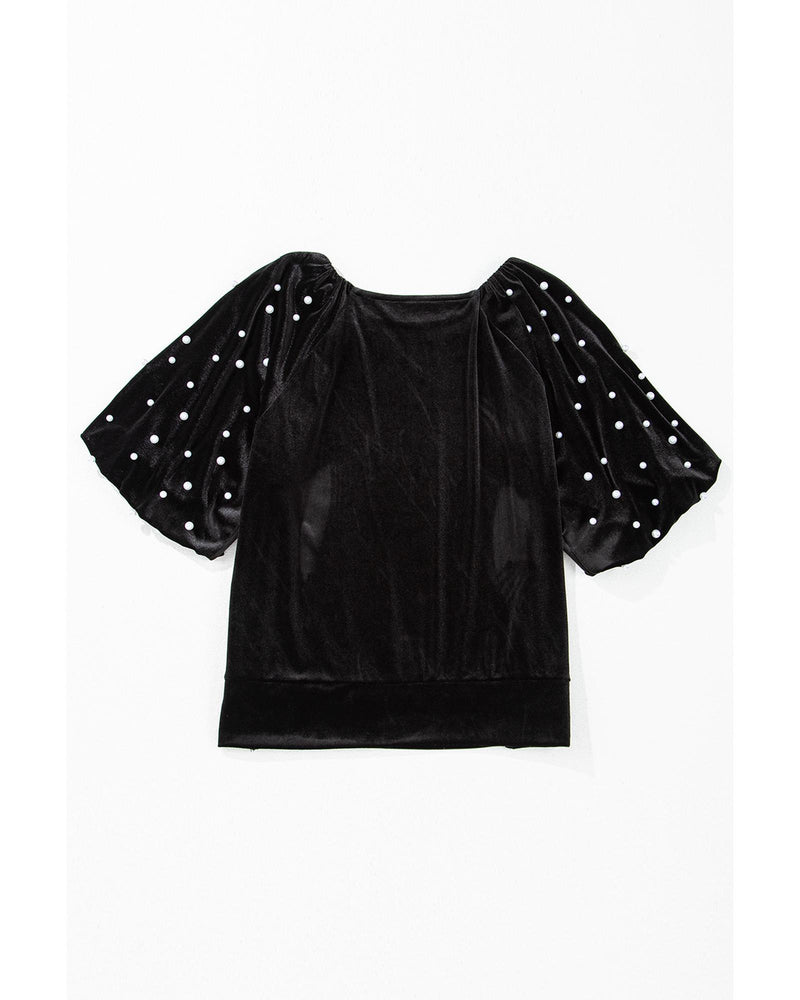Black Pearl Beaded Half Sleeve Velvet Top - M