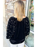 Black Pearl Beaded Half Sleeve Velvet Top - M