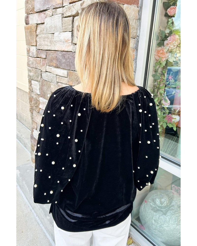 Black Pearl Beaded Half Sleeve Velvet Top - M