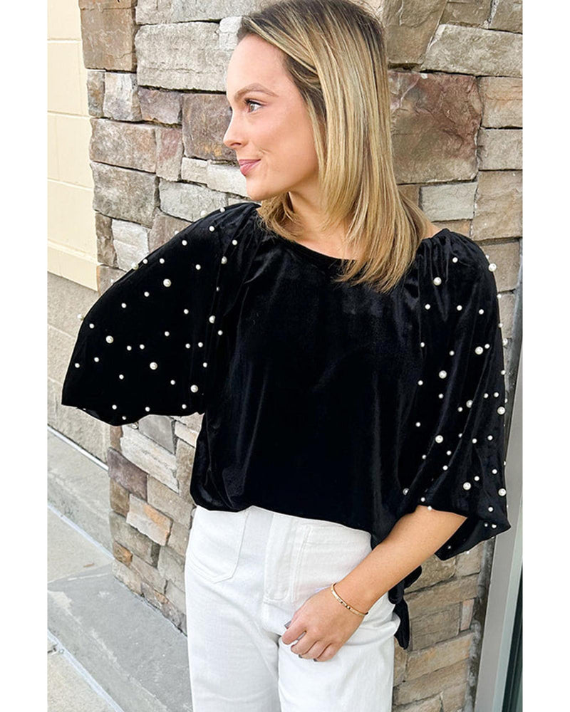 Black Pearl Beaded Half Sleeve Velvet Top - M