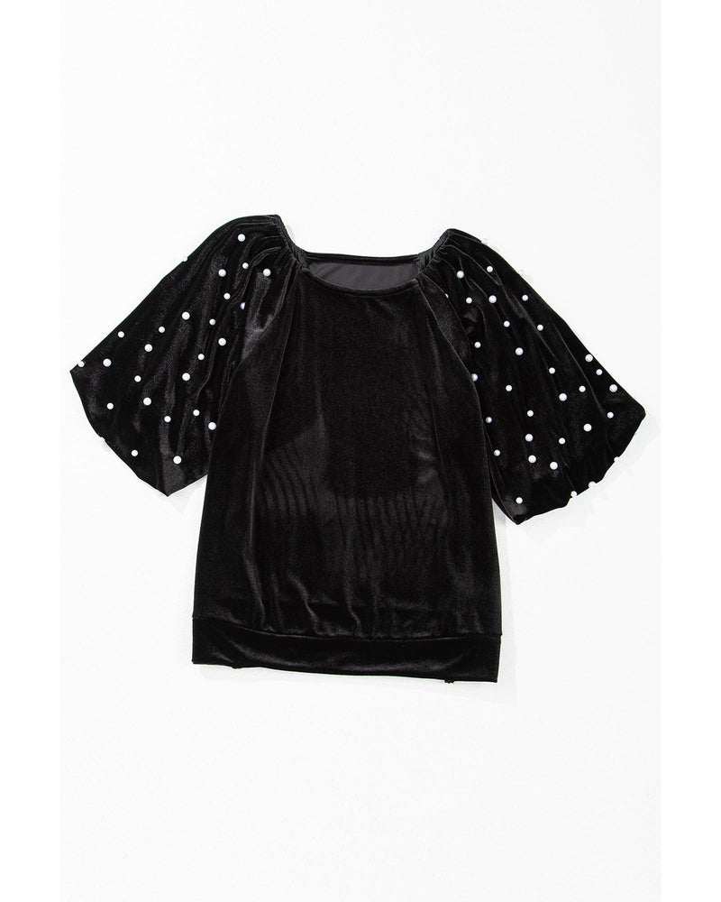 Black Pearl Beaded Half Sleeve Velvet Top - S