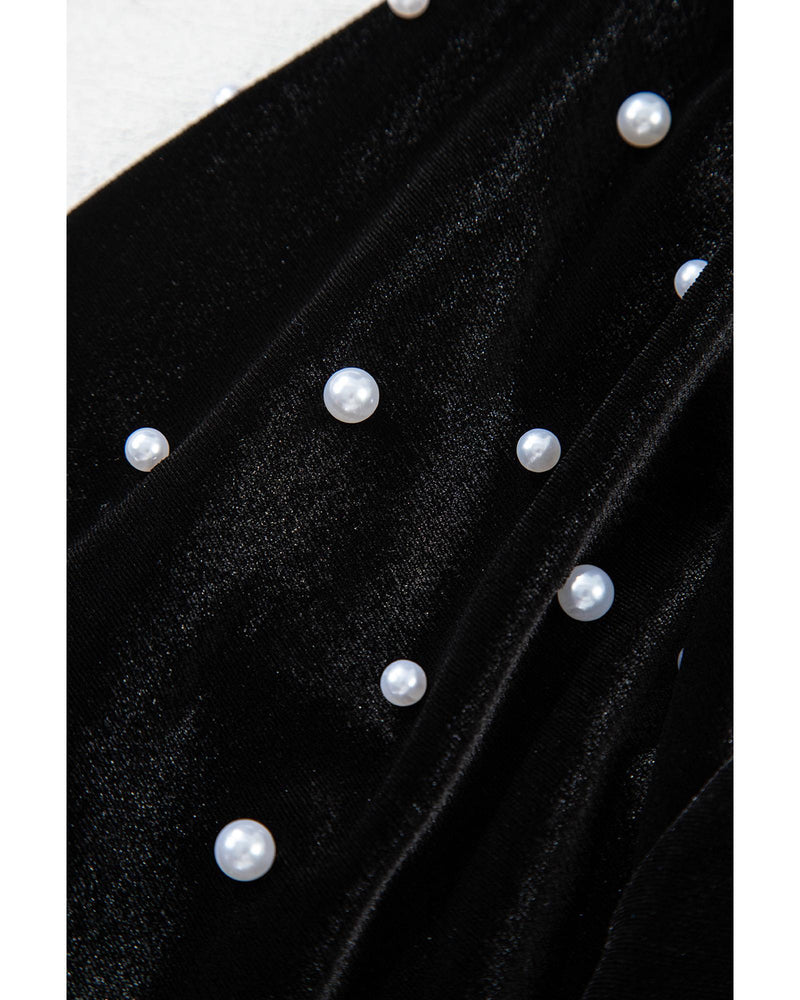 Black Pearl Beaded Half Sleeve Velvet Top - S