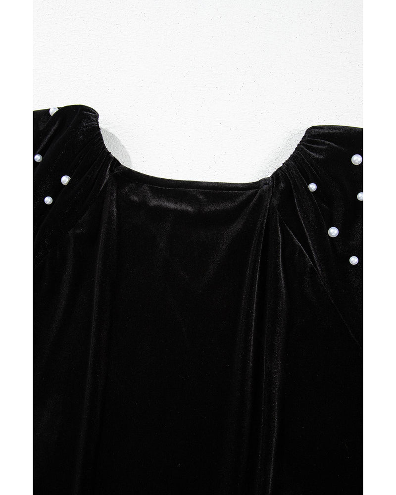 Black Pearl Beaded Half Sleeve Velvet Top - S