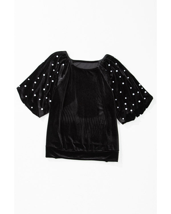 Black Pearl Beaded Half Sleeve Velvet Top - XL
