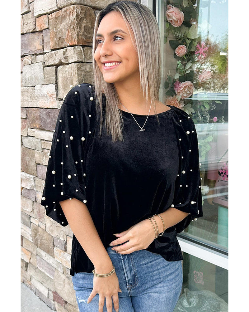 Black Pearl Beaded Half Sleeve Velvet Top - XL