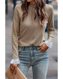 Parchment Seam Detail Lace Contrast Cuffs Raglan Sleeve Top - L