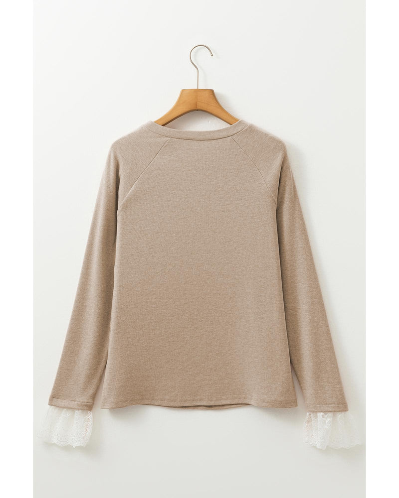 Parchment Seam Detail Lace Contrast Cuffs Raglan Sleeve Top - M