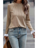 Parchment Seam Detail Lace Contrast Cuffs Raglan Sleeve Top - M