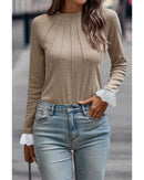 Parchment Seam Detail Lace Contrast Cuffs Raglan Sleeve Top - S