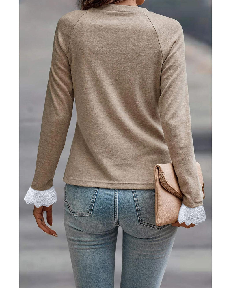 Parchment Seam Detail Lace Contrast Cuffs Raglan Sleeve Top - XL