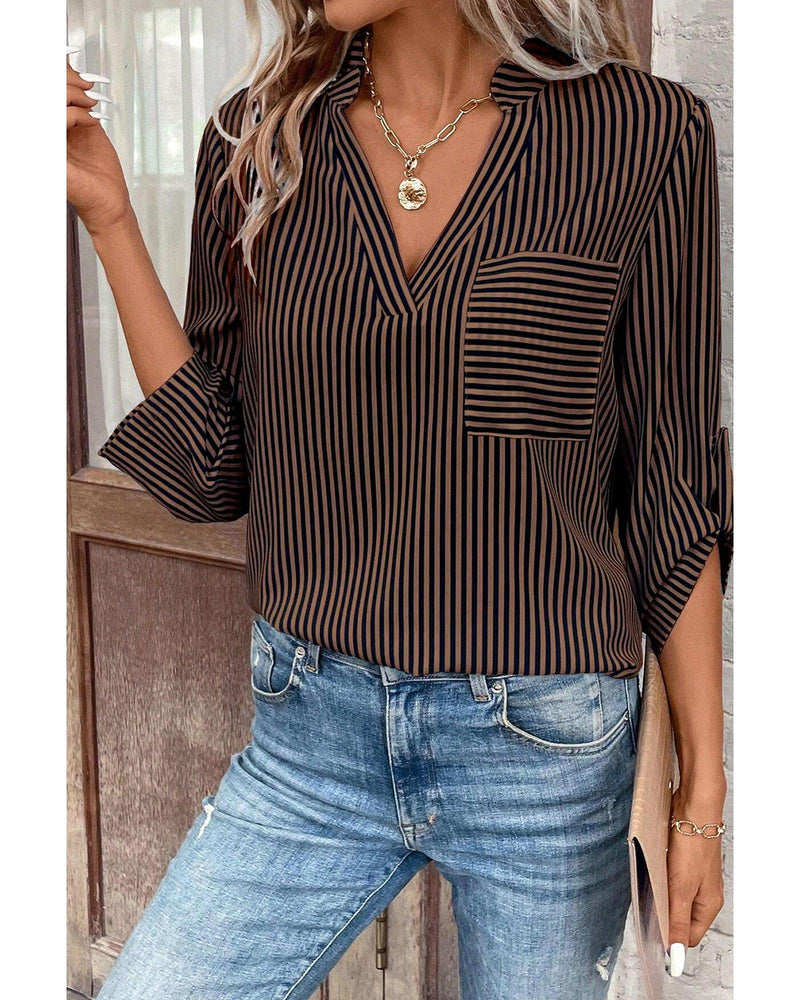 Brown Stripe V Neck Roll Up Sleeve Pocket Patched Classic Shirt - L