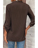 Brown Stripe V Neck Roll Up Sleeve Pocket Patched Classic Shirt - L
