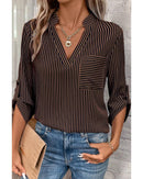 Brown Stripe V Neck Roll Up Sleeve Pocket Patched Classic Shirt - M