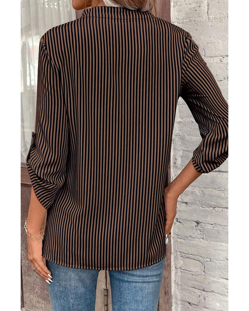Brown Stripe V Neck Roll Up Sleeve Pocket Patched Classic Shirt - XL
