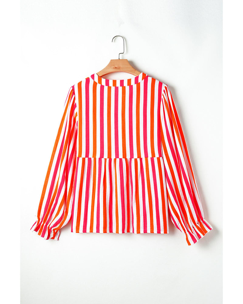 Orange Stripe Balloon Sleeve Notched V Neck Buttoned Front Blouse - L