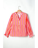Orange Stripe Balloon Sleeve Notched V Neck Buttoned Front Blouse - L