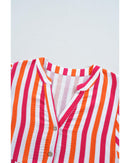 Orange Stripe Balloon Sleeve Notched V Neck Buttoned Front Blouse - L