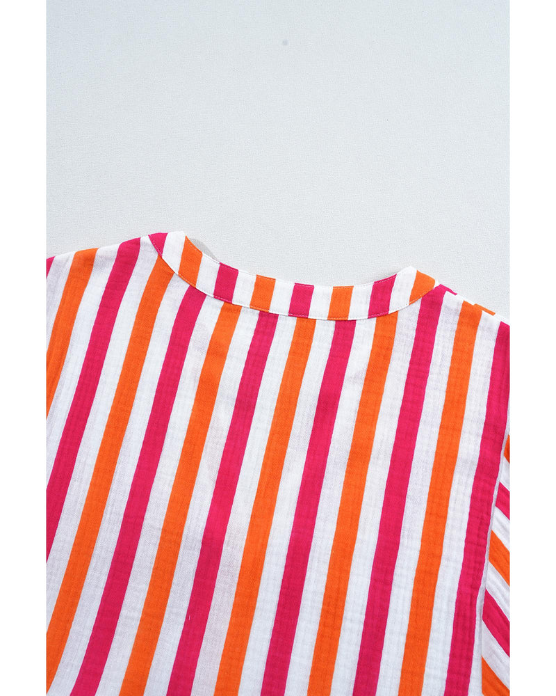 Orange Stripe Balloon Sleeve Notched V Neck Buttoned Front Blouse - L