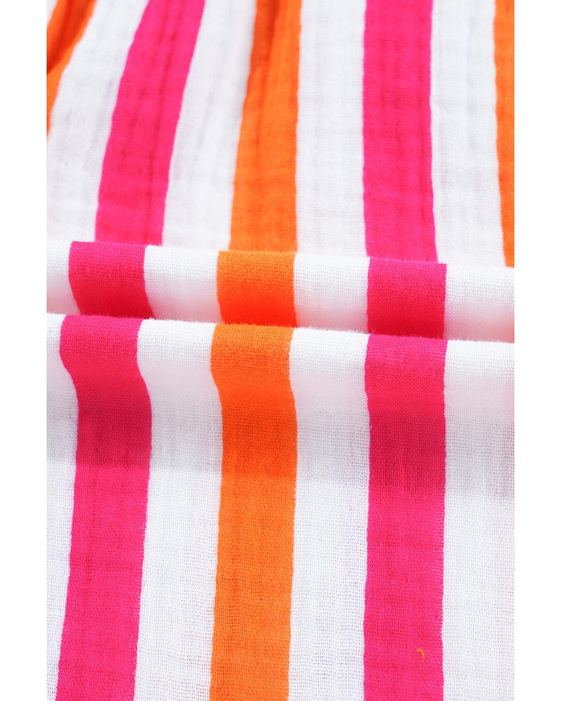 Orange Stripe Balloon Sleeve Notched V Neck Buttoned Front Blouse - M