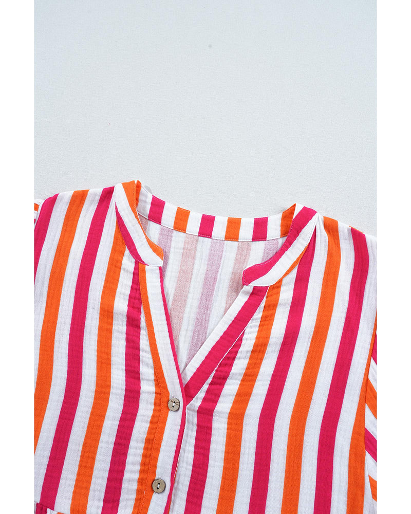 Orange Stripe Balloon Sleeve Notched V Neck Buttoned Front Blouse - M