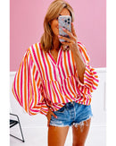 Orange Stripe Balloon Sleeve Notched V Neck Buttoned Front Blouse - M