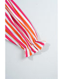 Orange Stripe Balloon Sleeve Notched V Neck Buttoned Front Blouse - M