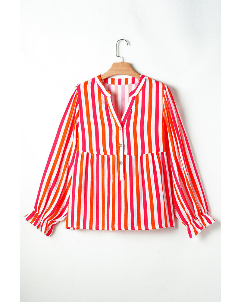 Orange Stripe Balloon Sleeve Notched V Neck Buttoned Front Blouse - S