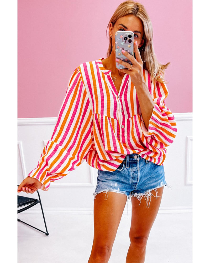 Orange Stripe Balloon Sleeve Notched V Neck Buttoned Front Blouse - S