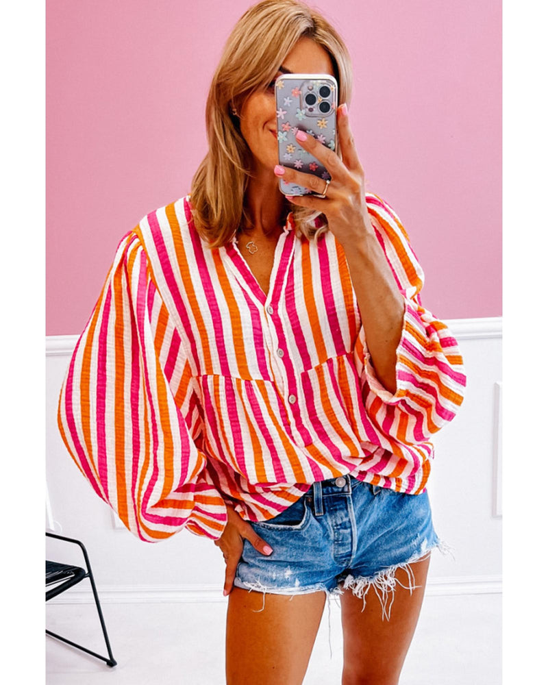 Orange Stripe Balloon Sleeve Notched V Neck Buttoned Front Blouse - S