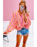 Orange Stripe Balloon Sleeve Notched V Neck Buttoned Front Blouse - XL