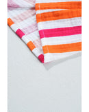 Orange Stripe Balloon Sleeve Notched V Neck Buttoned Front Blouse - XL