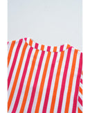 Orange Stripe Balloon Sleeve Notched V Neck Buttoned Front Blouse - XL